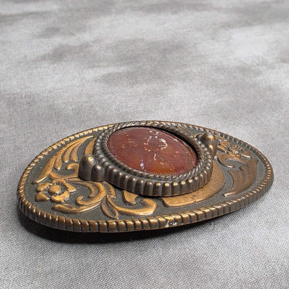 Belt Buckle Vintage Western Style Oval Red Jasper Stone Scrollwork Rope Border